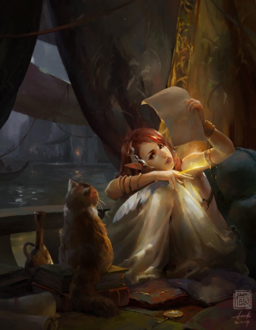 The elf poet and cat by 6kart d7ovbgl