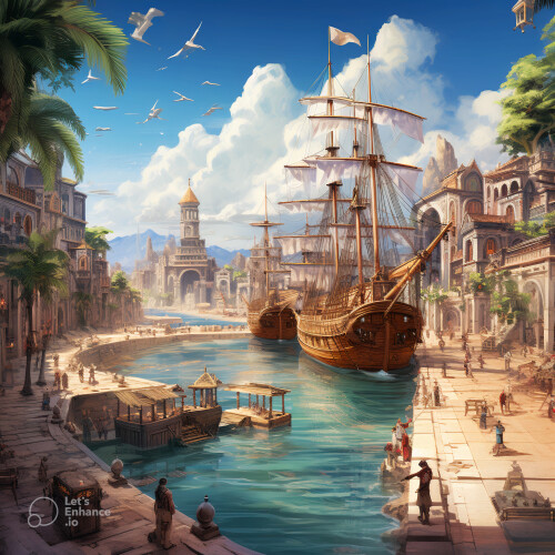 ryszardello fantasy port town hot climate palms ships in harbor 590c73d9 3005 49f9 a97c 41e5f5aa0bdc